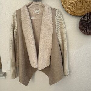 RD Style Womens Large Open Front Faux Fur lined Cardigan Sweater Ivory Medium‎